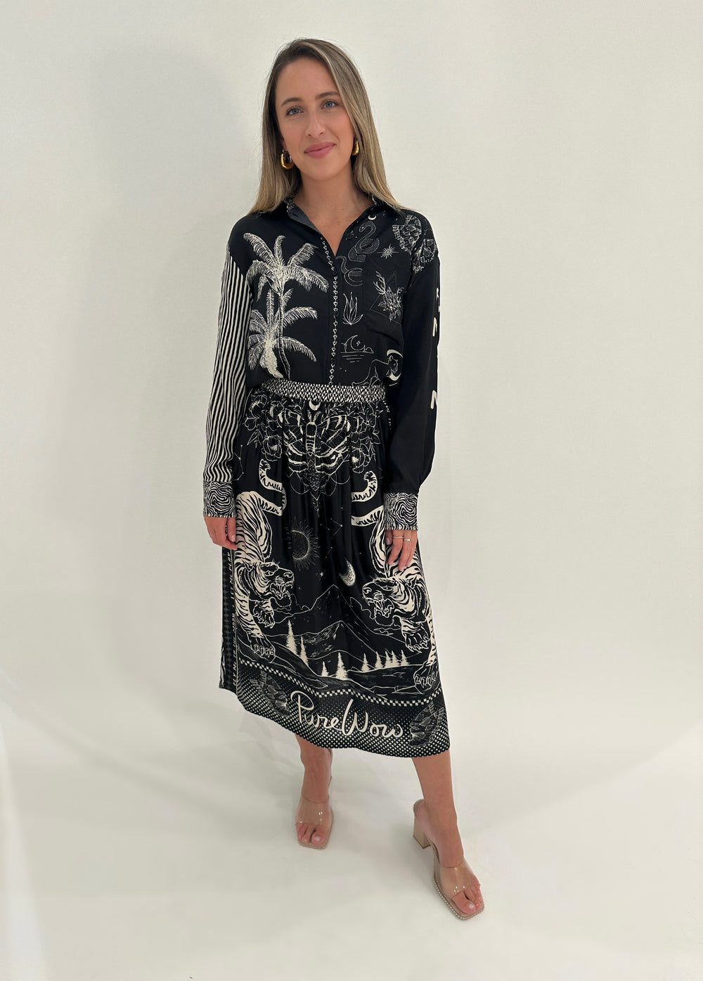 ME369 Vanessa Black Magic Printed Midi Skirt paired with Isabel Printed Shirt available at Barbara Katz