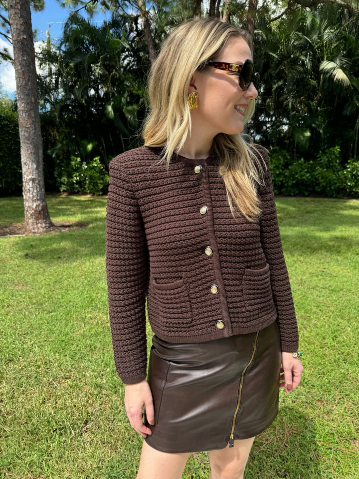 Ba&sh Gaspard Knit Cardigan in Chocolat paired with Mala Leather Mini Skirt in Marron available at Barbara Katz