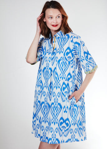 Dizzy-Lizzie Monterey Dress - Blue White Ikat Print available at Barbara Katz