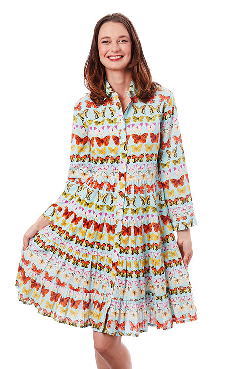 Dizzy-Lizzie Del Ray Multi Tier Dress Turquoise Butterflies available at Barbara Katz