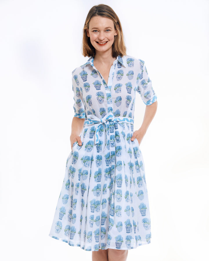 Dizzy-Lizzie Mrs Maisel Dress - Chinoiserie And Hydrangeas available at Barbara Katz