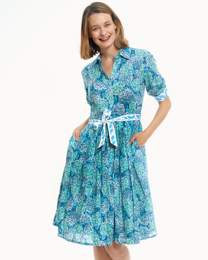 Dizzy-Lizzie Mrs Maisel Dress - Blue Green Hydrangeas available at Barbara Katz