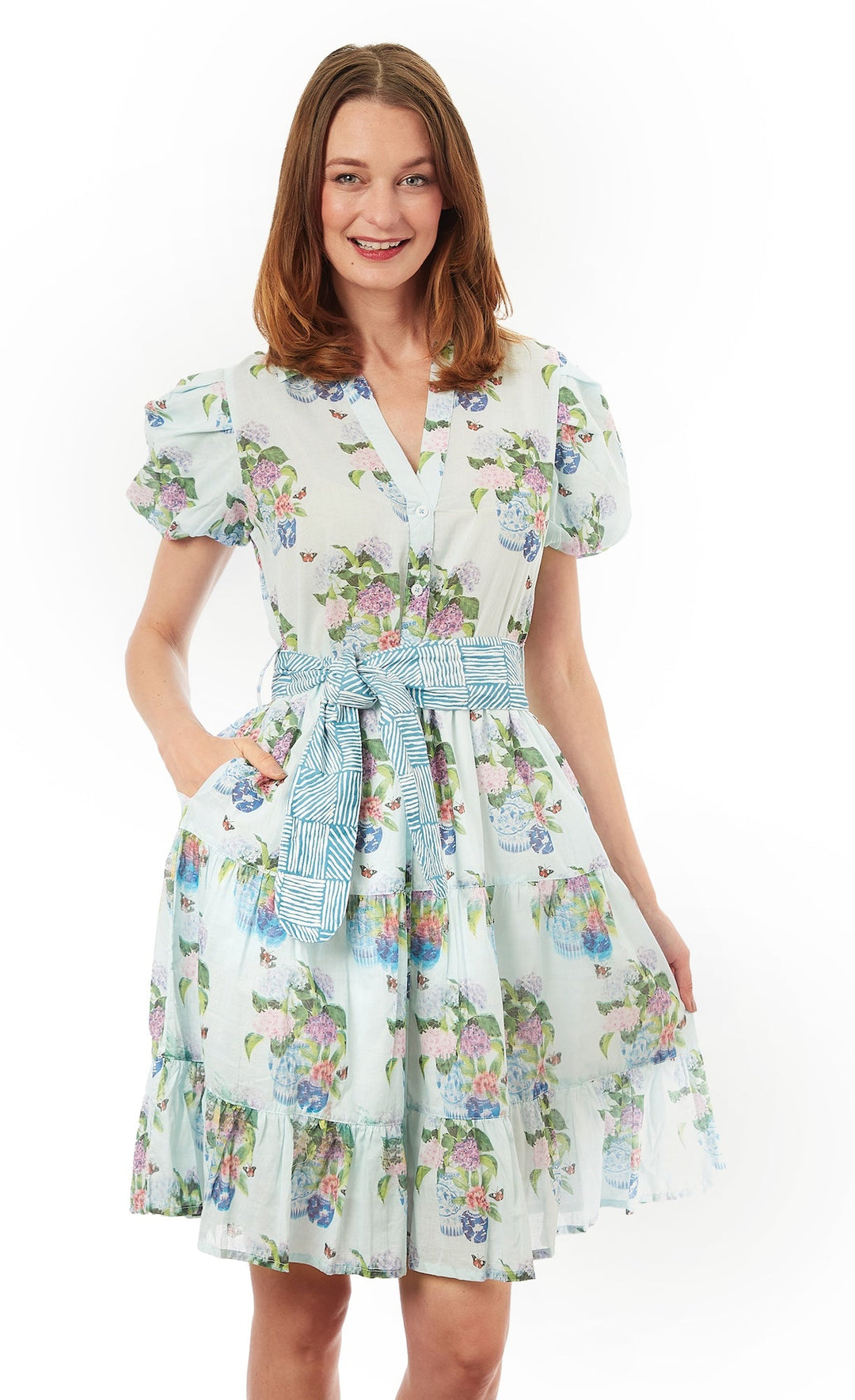 Dizzy-Lizzie Litchfield Short Dress - Blue Hydrangeas available at Barbara Katz