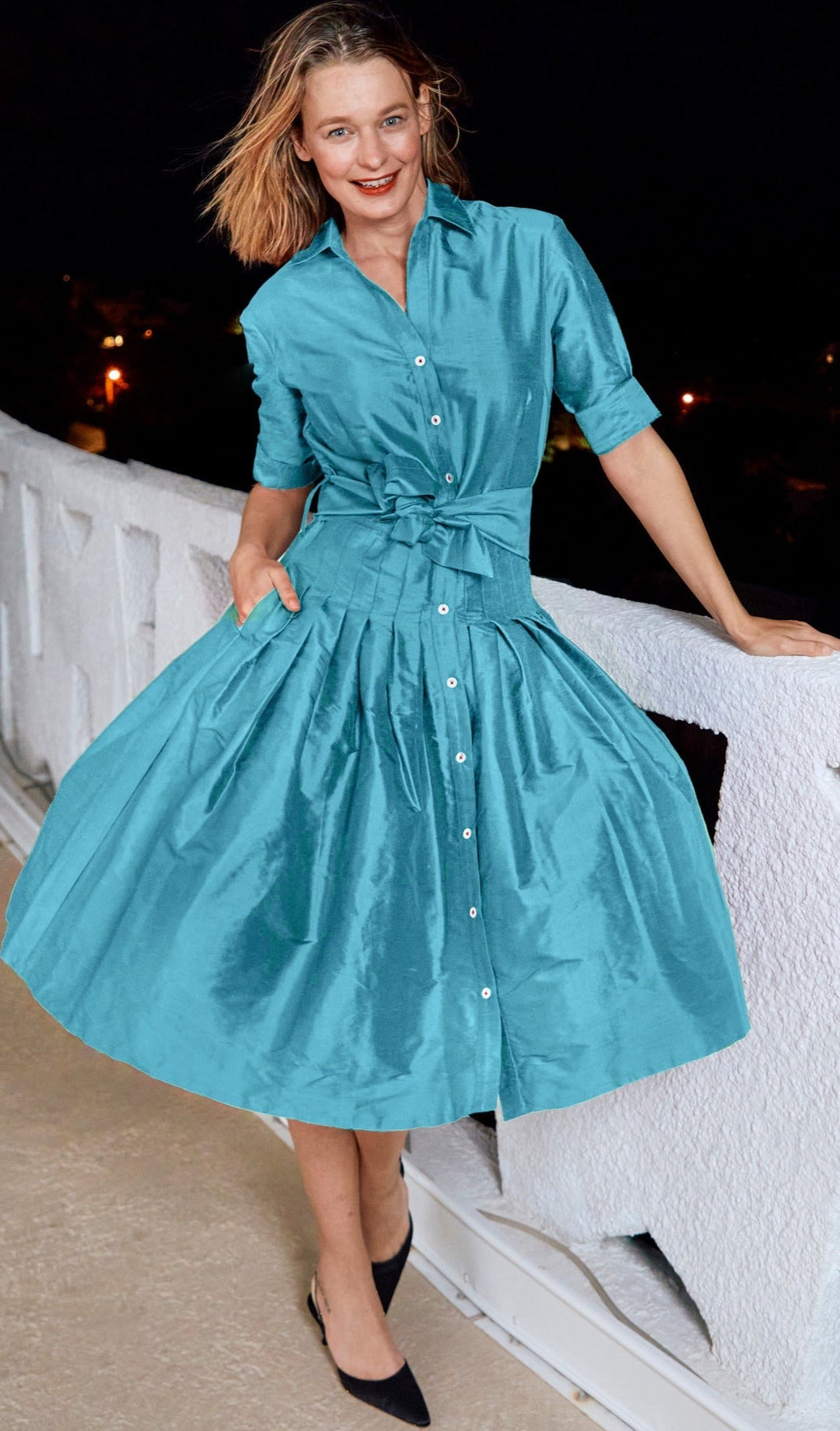 DIzzy-Lizzie Mrs Maisel Silk Dress in Turquoise available at Barbara Katz