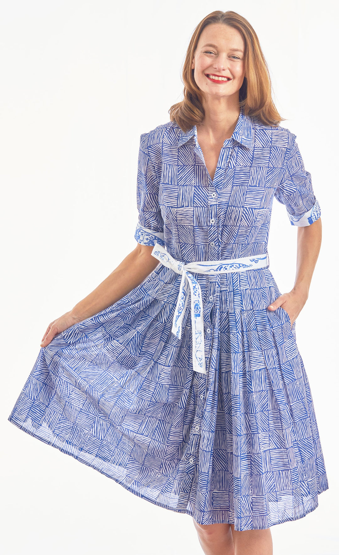 Dizzy-Lizzie Mrs Maisel Dress - Navy White Criss Cross Boxes available at Barbara Katz