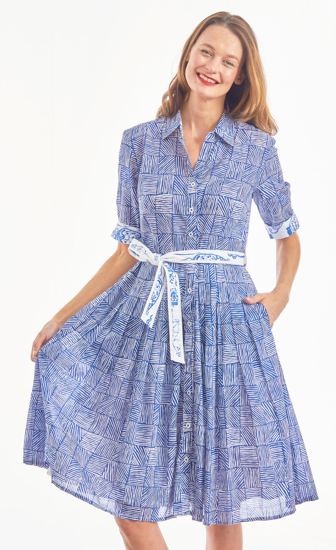 Dizzy-Lizzie Mrs Maisel Dress - Navy White Criss Cross Boxes available at Barbara Katz