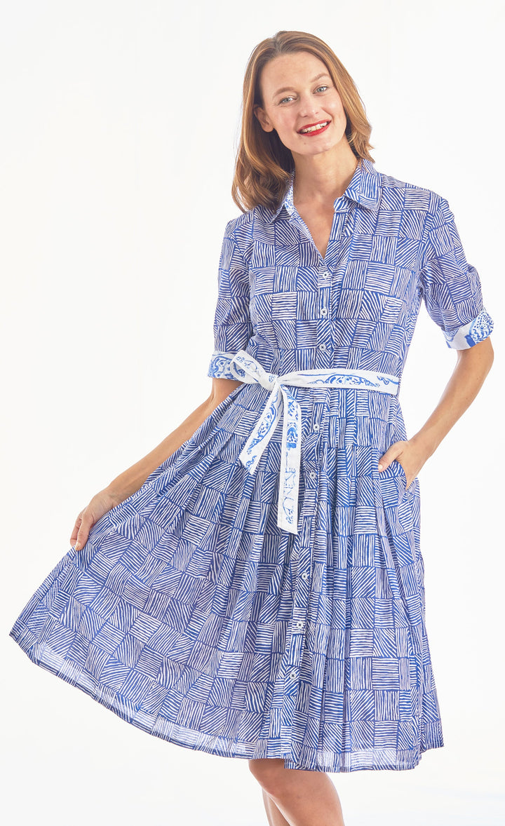 Dizzy-Lizzie Mrs Maisel Dress - Navy White Criss Cross Boxes available at Barbara Katz