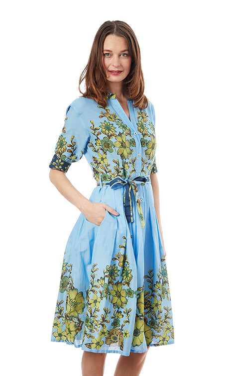 Dizzy-Lizzie Mrs Maisel Dress - Light Blue Ground With Leaves Print available at Barbara Katz