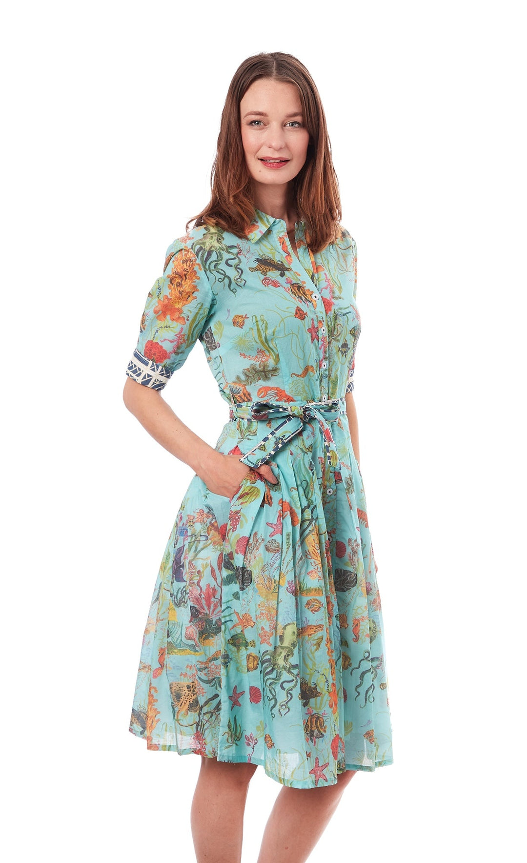 Dizzy-Lizzie Mrs Maisel Dress - Turquoise Ground Sealife Print available at Barbara Katz