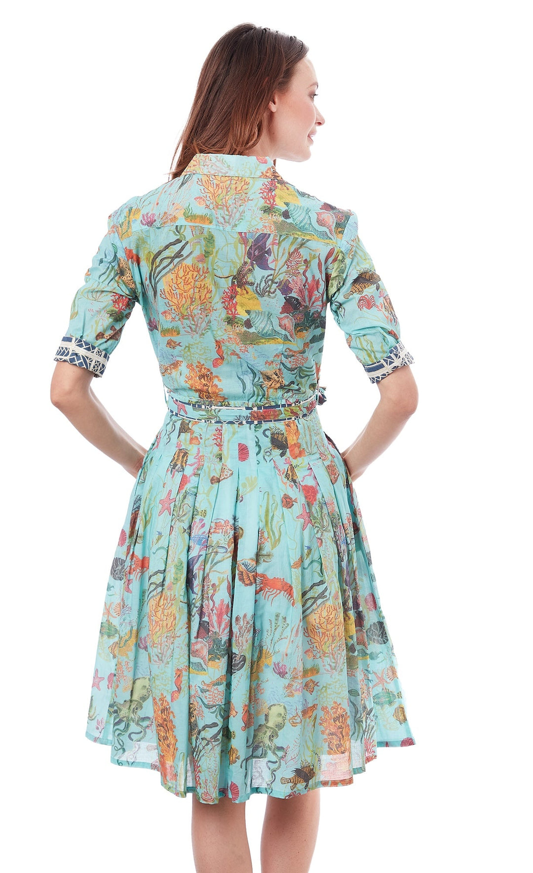 Dizzy-Lizzie Mrs Maisel Dress - Turquoise Ground Sealife Print available at Barbara Katz