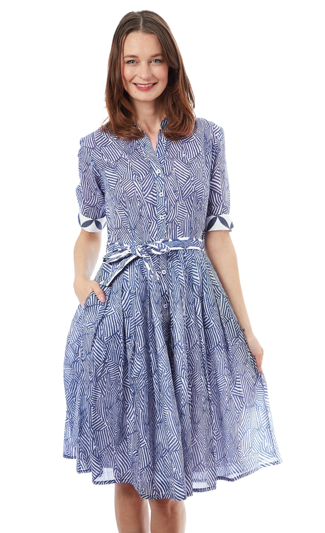 Dizzy-Lizzie Mrs Maisel Dress - Navy White Geometric Print available at Barbara Katz