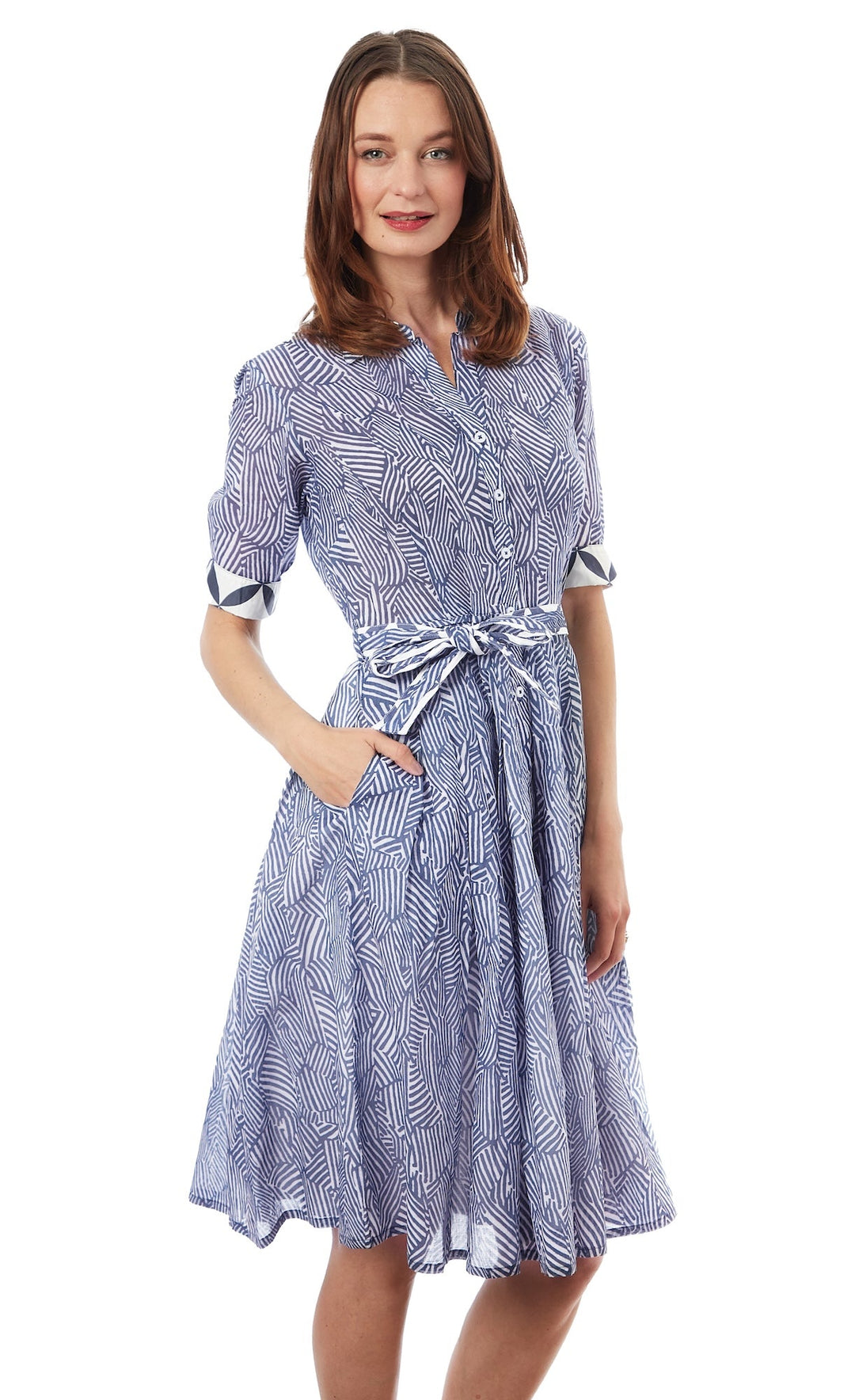 Dizzy-Lizzie Mrs Maisel Dress - Navy White Geometric Print available at Barbara Katz