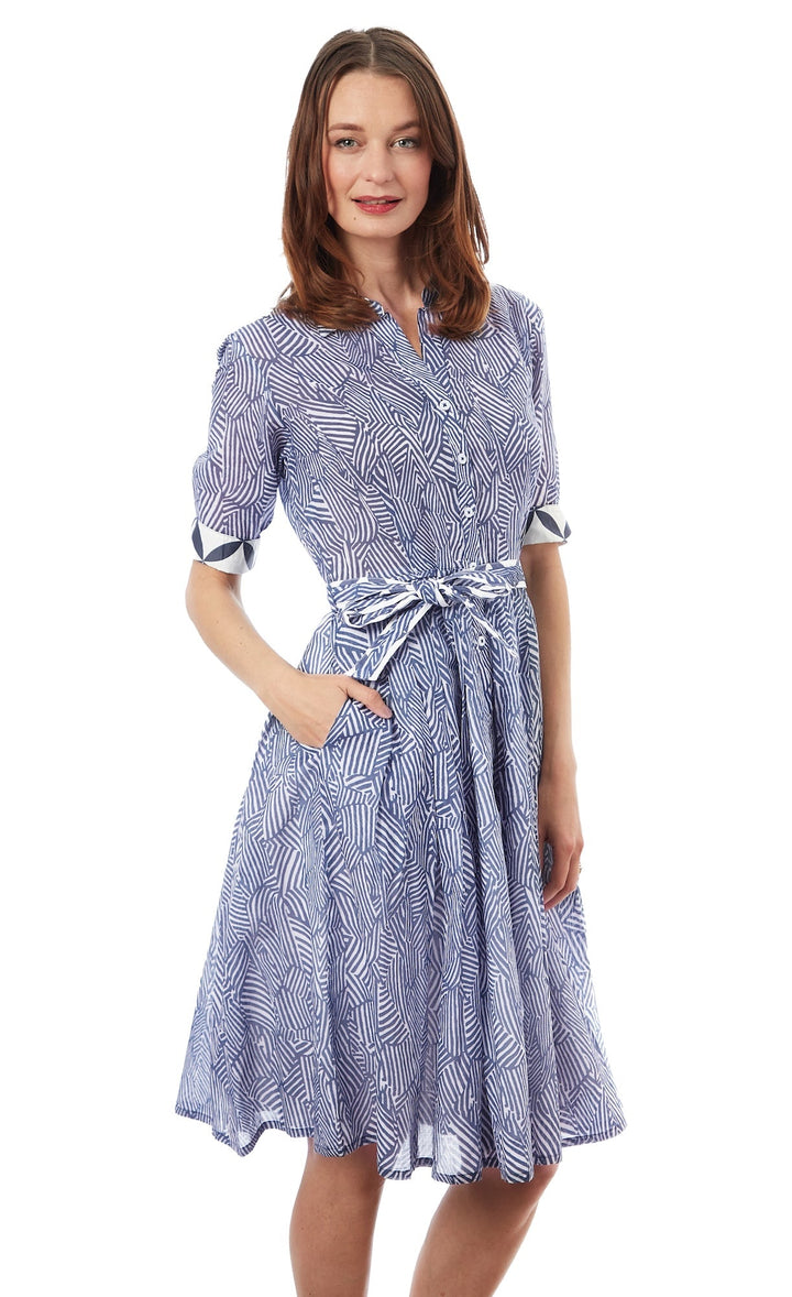 Dizzy-Lizzie Mrs Maisel Dress - Navy White Geometric Print available at Barbara Katz