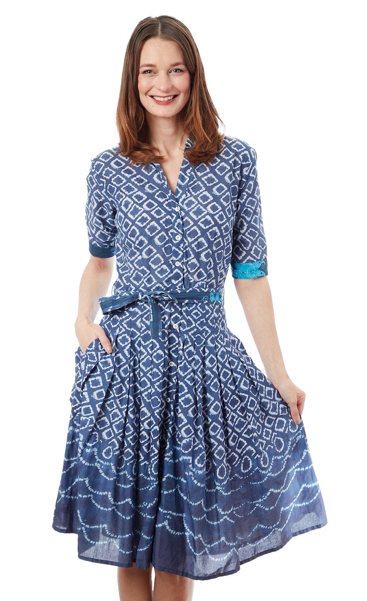 Dizzy-Lizzie Mrs Maisel Dress - Navy White Ikat Print available at Barbara Katz