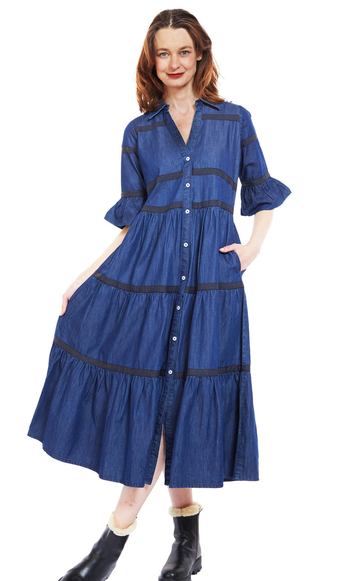 Dizzy-Lizzie Miami Style Dress in Denim With Black Ribbon Trim available at Barbara Katz