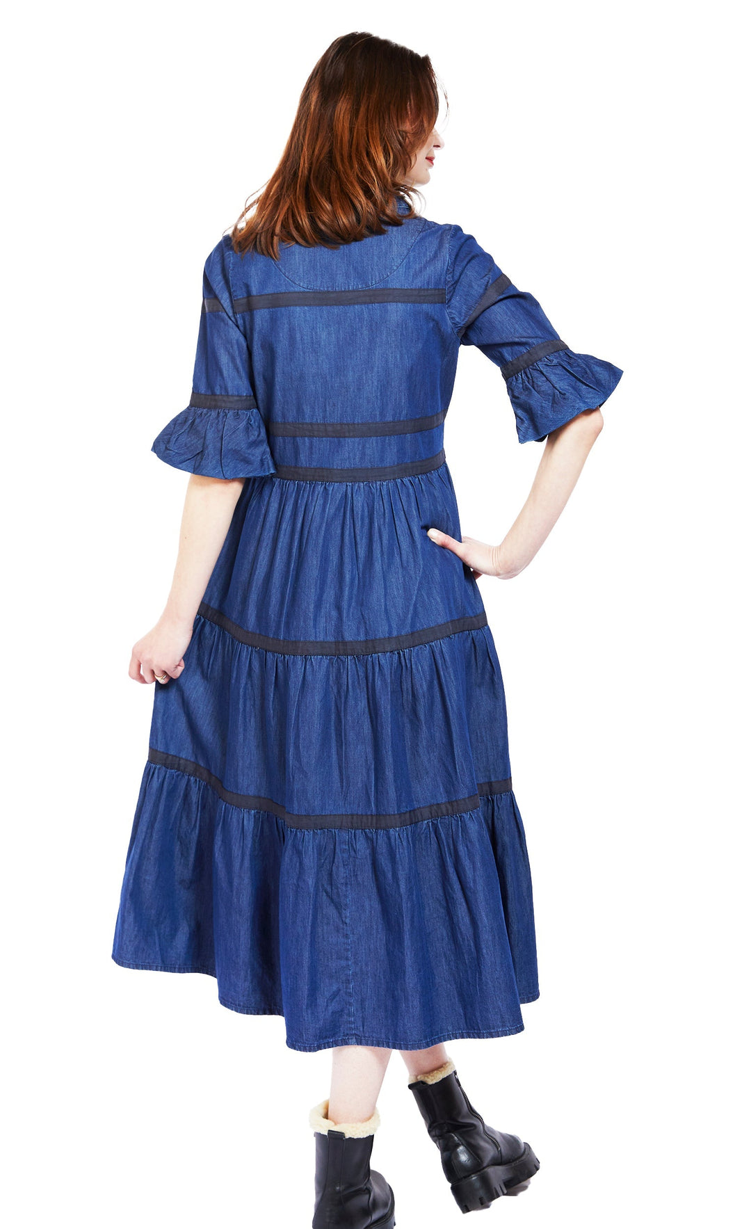 Dizzy-Lizzie Miami Midi Dress in Denim With Black Ribbon Trim available at Barbara Katz