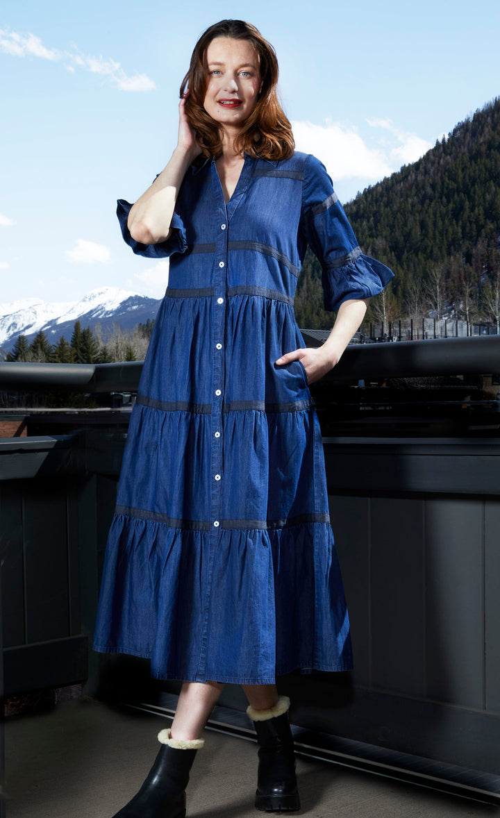 Dizzy-Lizzie Miami Midi Dress in Denim With Black Ribbon Trim available at Barbara Katz