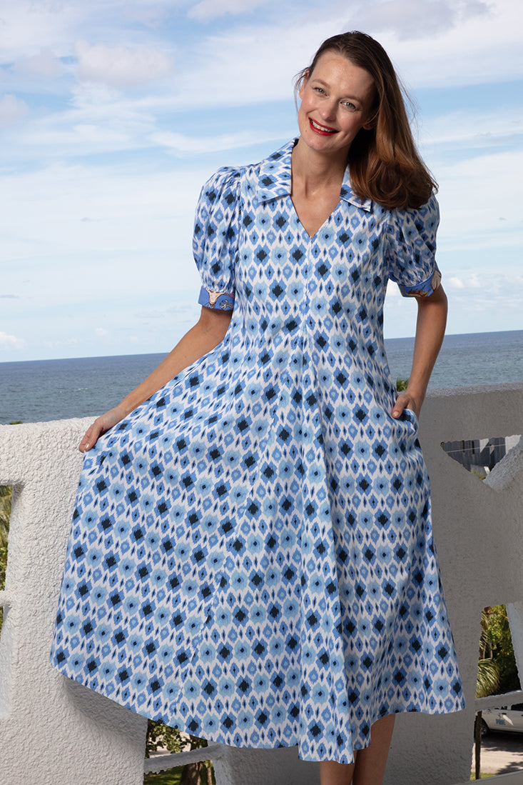 Dizzy-Lizzie Montauk Dress - Blue Ikat available at Barbara Katz