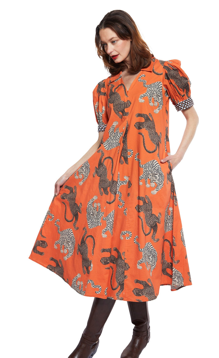 Dizzy-Lizzie Montauk Dress - Rust With Big Cats available at Barbara Katz