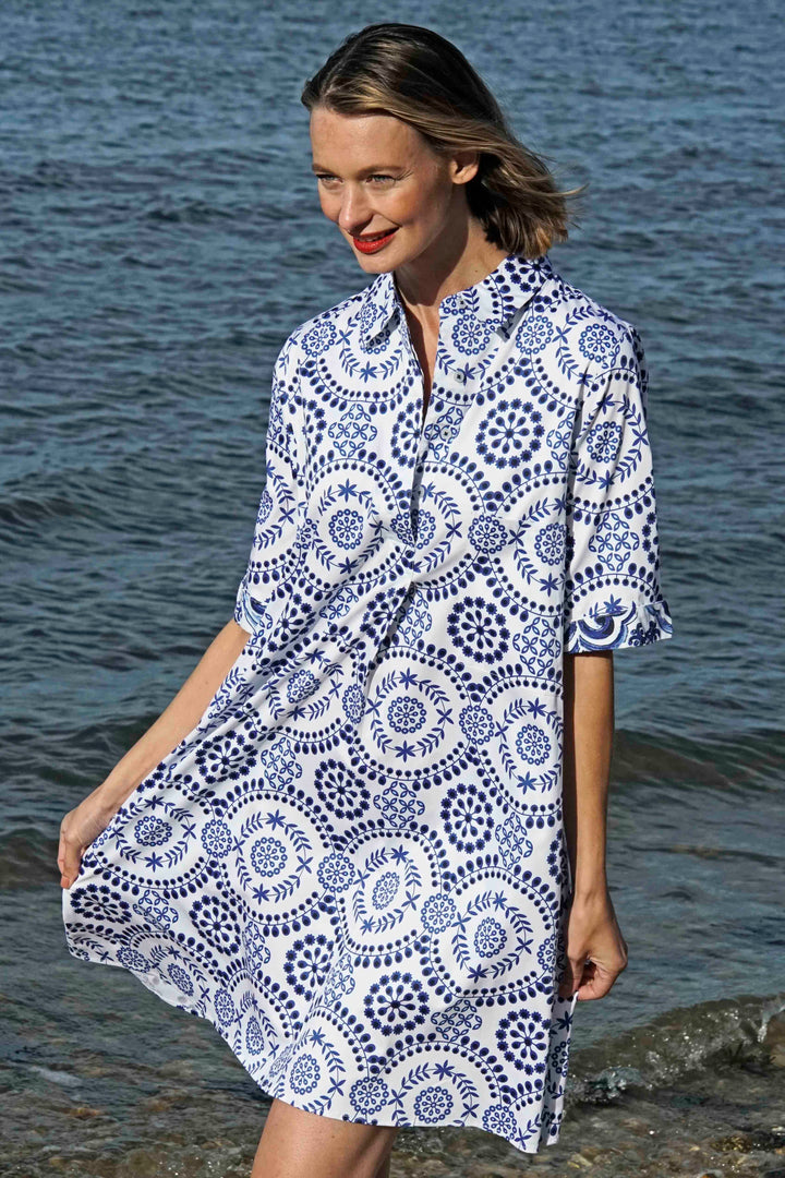 Dizzy-Lizzie Monterey Dress - Blue White Americana Print available at Barbara Katz