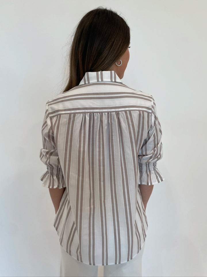 Finley Sirena Drop Needle Stripe Shirt in White/Tan available at Barbara Katz