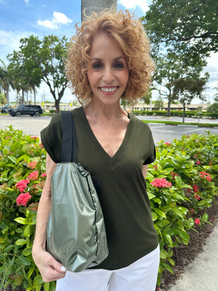 Frame Easy V-Neck Tee in Military Green, with Jack Gomme Tilly Light Shopping Bag  in Seaweed Green