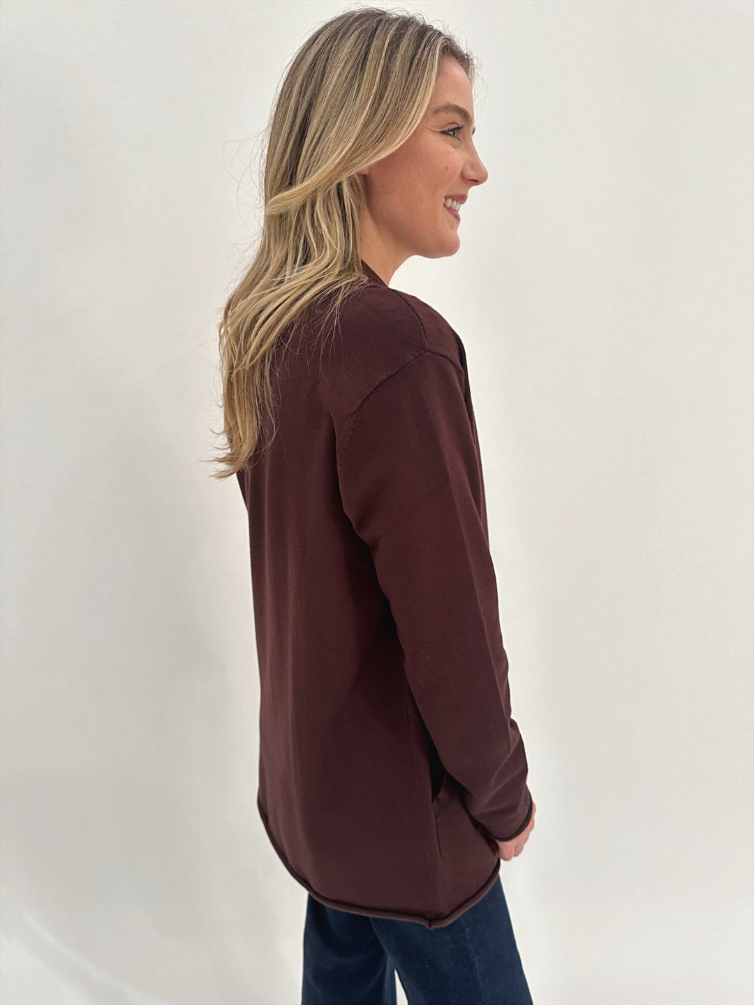 BK Olivia Long Open Cardigan in Espresso available at Barbara Katz