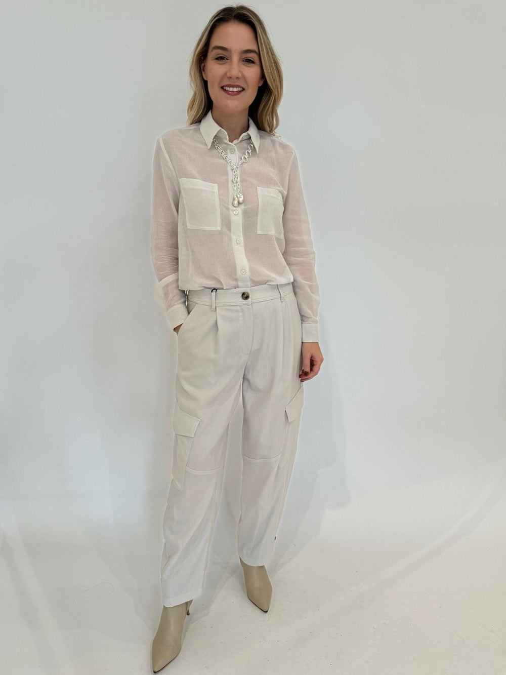 Marella Monochrome Orzo Sheer Blouse in Wool White paired with Alisso Cargo Pants and Lizzie Fortunato Edith Lariat Necklace available at Barbara Katz 