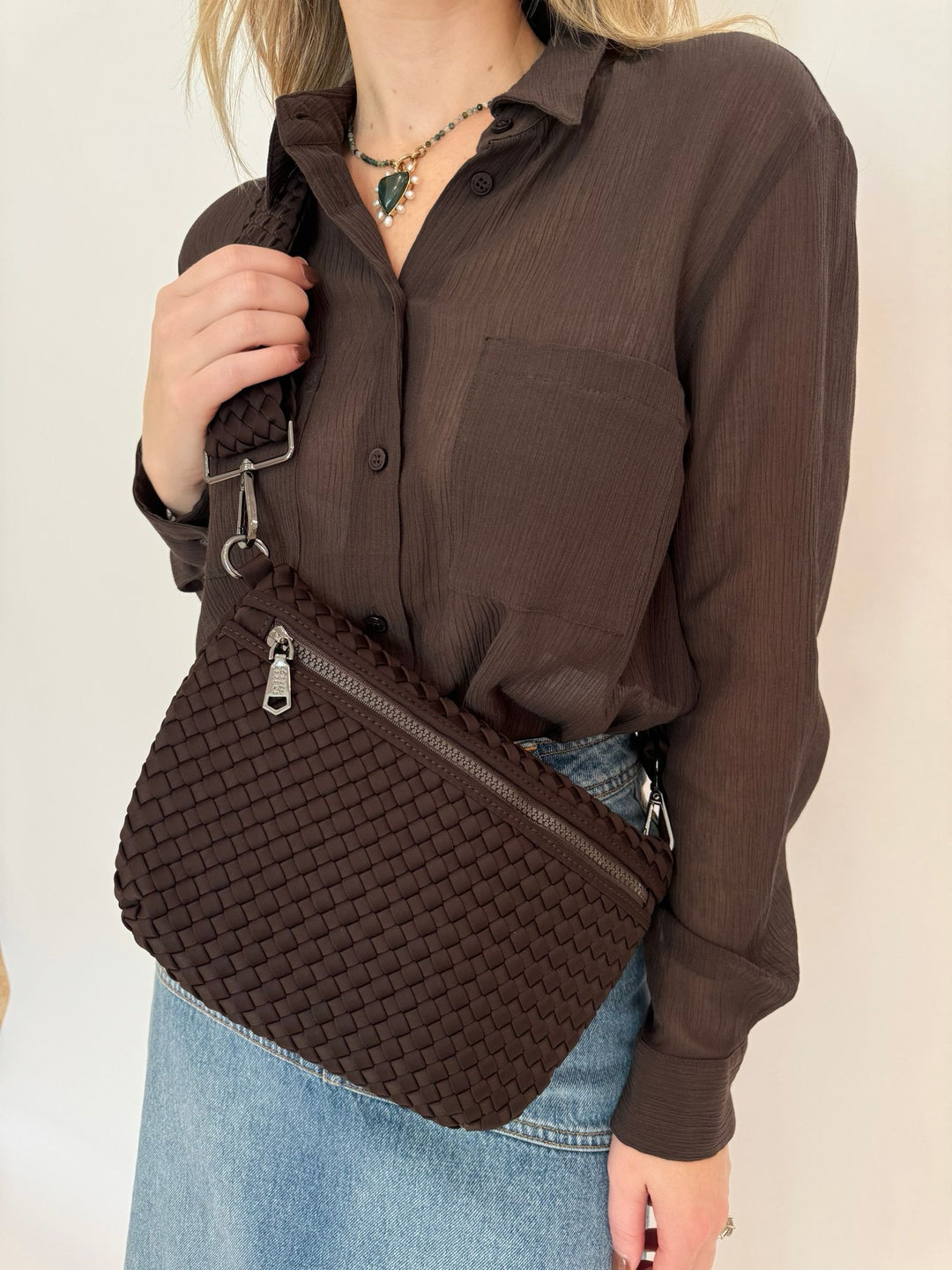 Sol and Selene Ethereal Woven Neoprene Crossbody Bag in Chocolate available at Barbara Katz