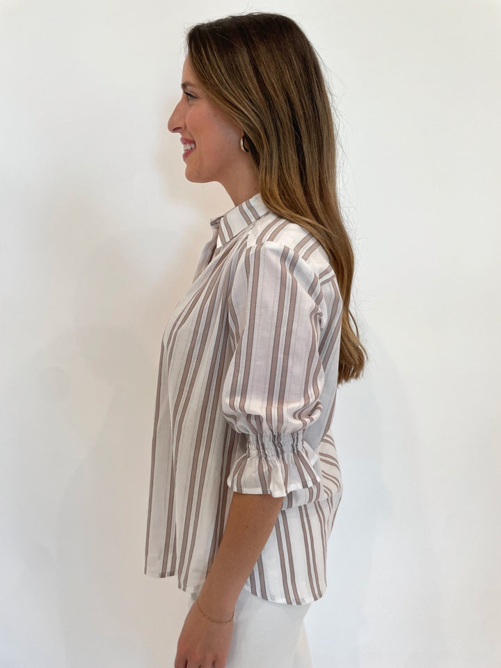 Finley Sirena Drop Needle Stripe Shirt in White/Tan available at Barbara Katz