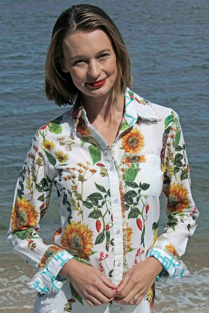 Dizzy-Lizzie Cape Cod Frayed Shirt - Sunflower Print available at Barbara Katz