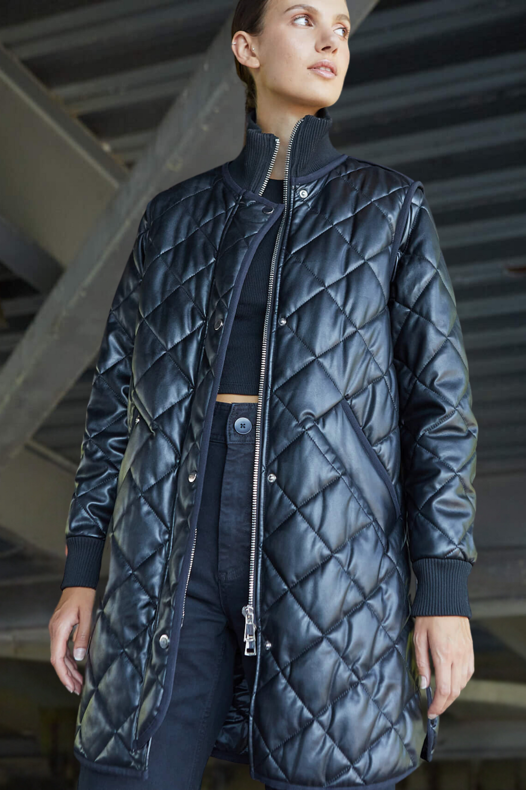 Adroit Atelier Liberty Quilted Full Zip Vegan Leather Coat With Side Zipper - Black available at Barbara Katz