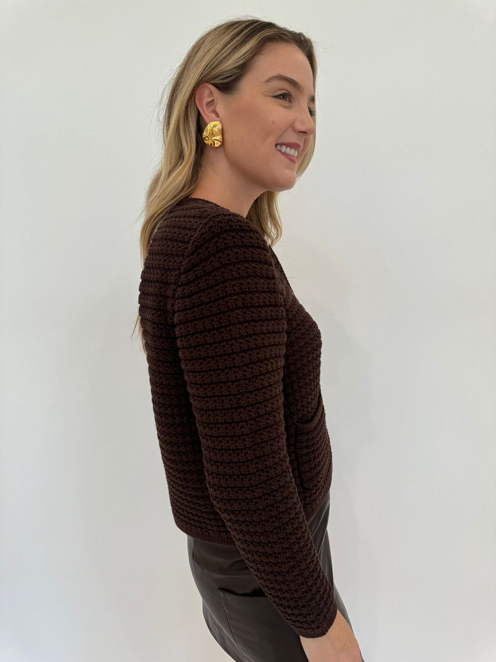 Ba&sh Gaspard Knit Cardigan in Chocolat with Lizzie Fortunato Mazu Stud Earrings available at Barbara Katz