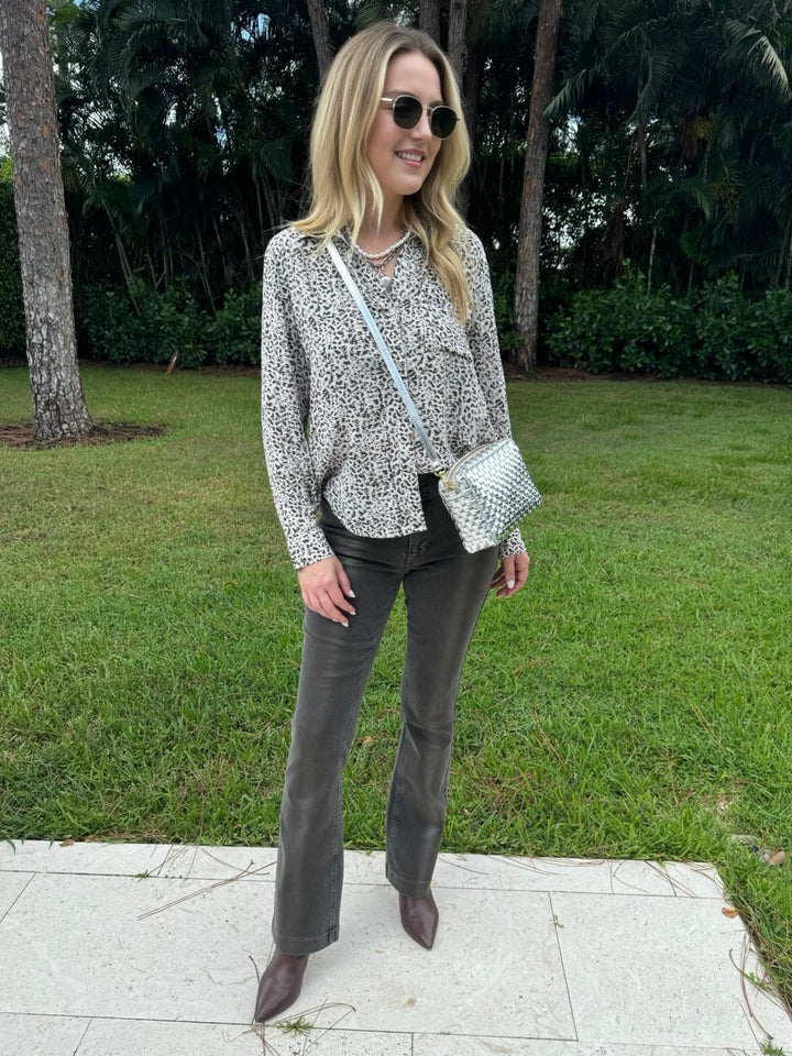 Rails Josephine Button Front Shirt in Charcoal Watercolor Cheetah Print paired with MAC Dream Boot Jeans in Metallic, and Clare V Midi Sac Crossbody Bag in Silver Woven