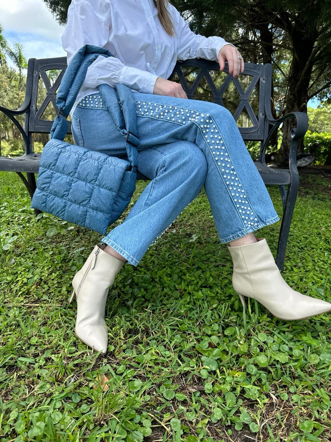 Ba&sh Aply Long Sleeve Top in Blanc paired with Frame Atelier Le Jane Crop Denim in Daylight Pearl, Vee Collective Porter Messenger Bag in Denim - all available at Barbara Katz