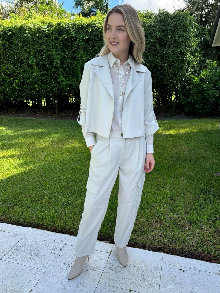 Marella Monochrome Vento Jacket in Wool White with Orzo Sheer Blouse underneath, paired with Alisso Cargo Pants, Lizzie Fortunato Edith Lariat Necklace - all available at Barbara Katz 