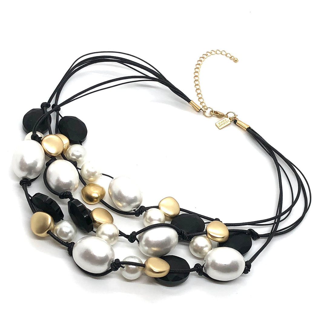 Deborah Grivas Cotton Pearl, Glass Pearl, Matte Gold Pebble Bead Black Leather And Waxed Linen Three Strand Torsade Style Necklace