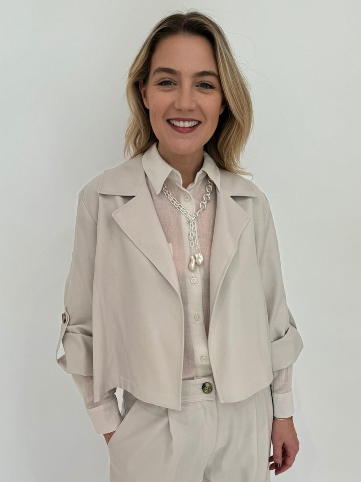 Marella Monochrome Vento Jacket in Wool White with Orzo Sheer Blouse underneath, paired with Alisso Cargo Pants, Lizzie Fortunato Edith Lariat Necklace - all available at Barbara Katz 