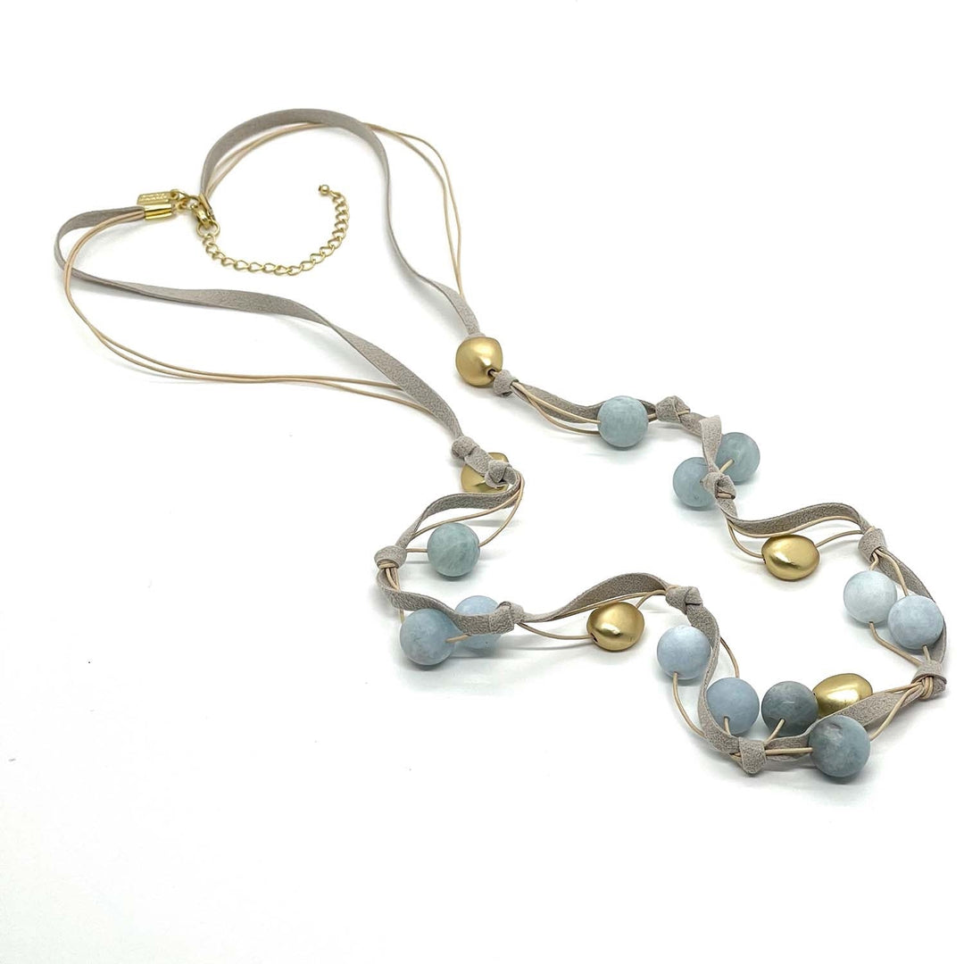 Deborah Grivas Matte Aquamarine With Matte Gold Nugget Natural Suede and Putty Leather Necklace