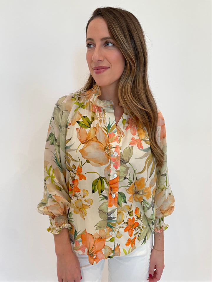 Finley Fiona Botanical Print Shirt in Natural/Coral/Sage available at Barbara Katz