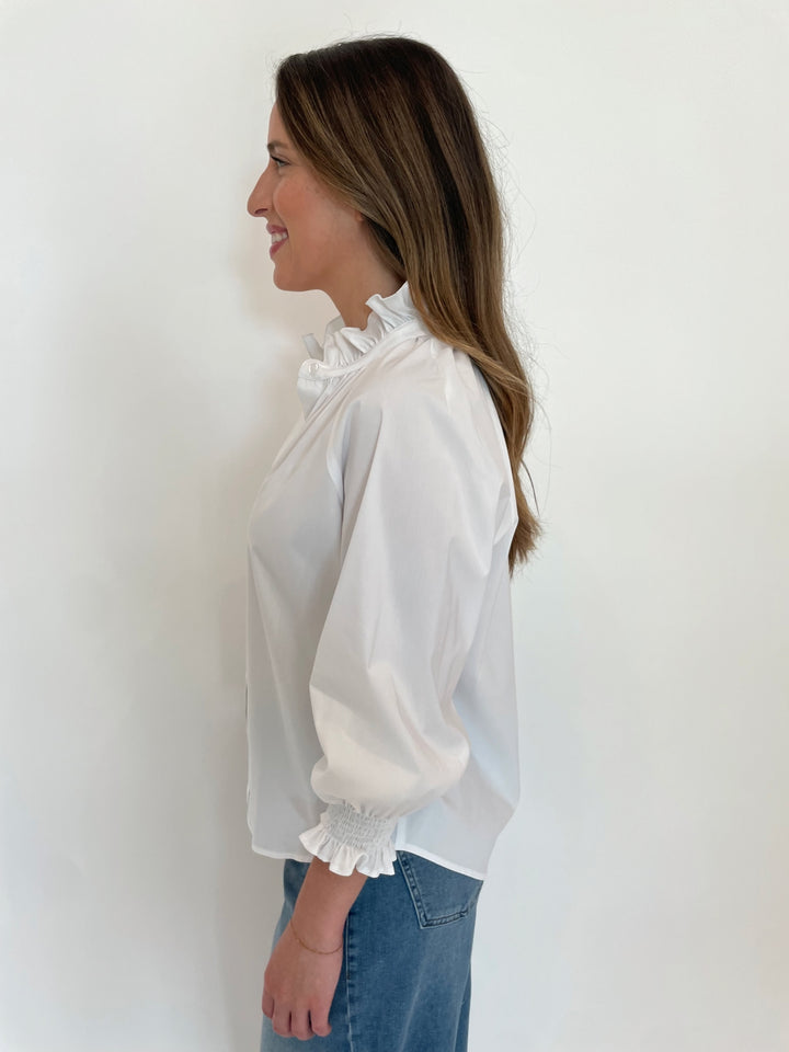 Finley Fiona Solid Silky Poplin 3/4 Sleeve Shirt in White available at Barbara Katz