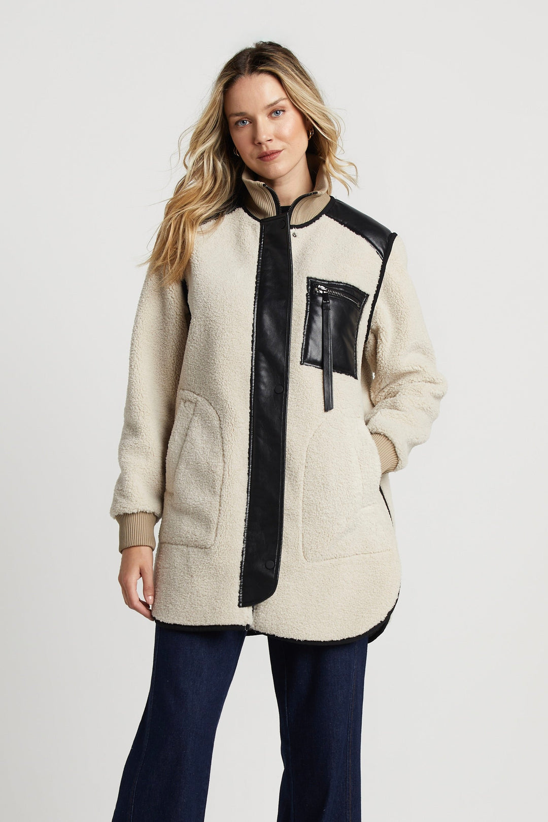 Adroit Atelier Audrey Faux Shearling Coat With Vegan Leather Trim & Side Zippers - Cream available at Barbara Katz