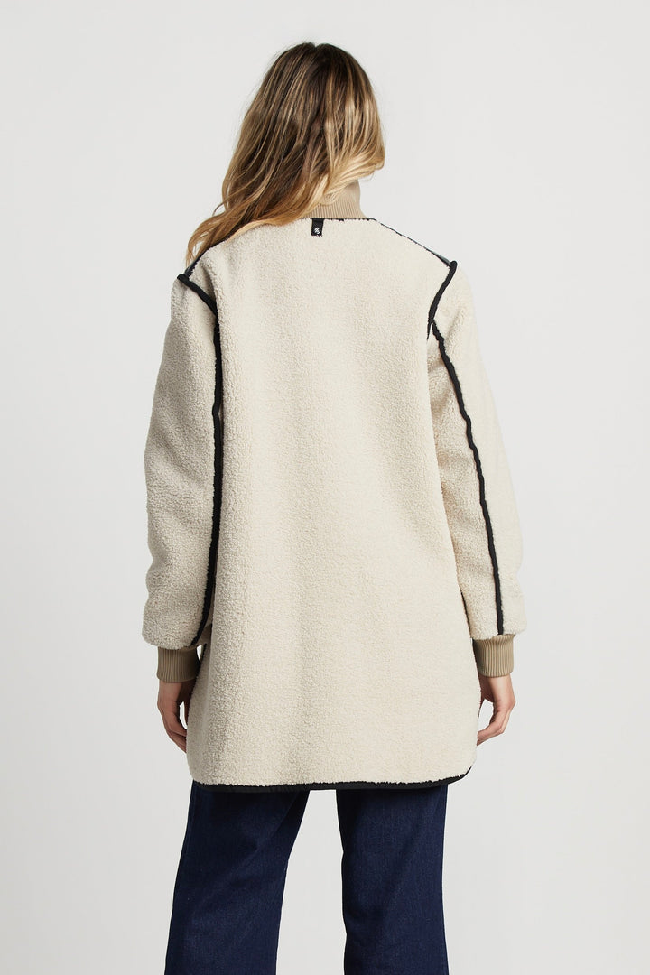 Adroit Atelier Audrey Faux Shearling Coat With Vegan Leather Trim & Side Zippers - Cream available at Barbara Katz