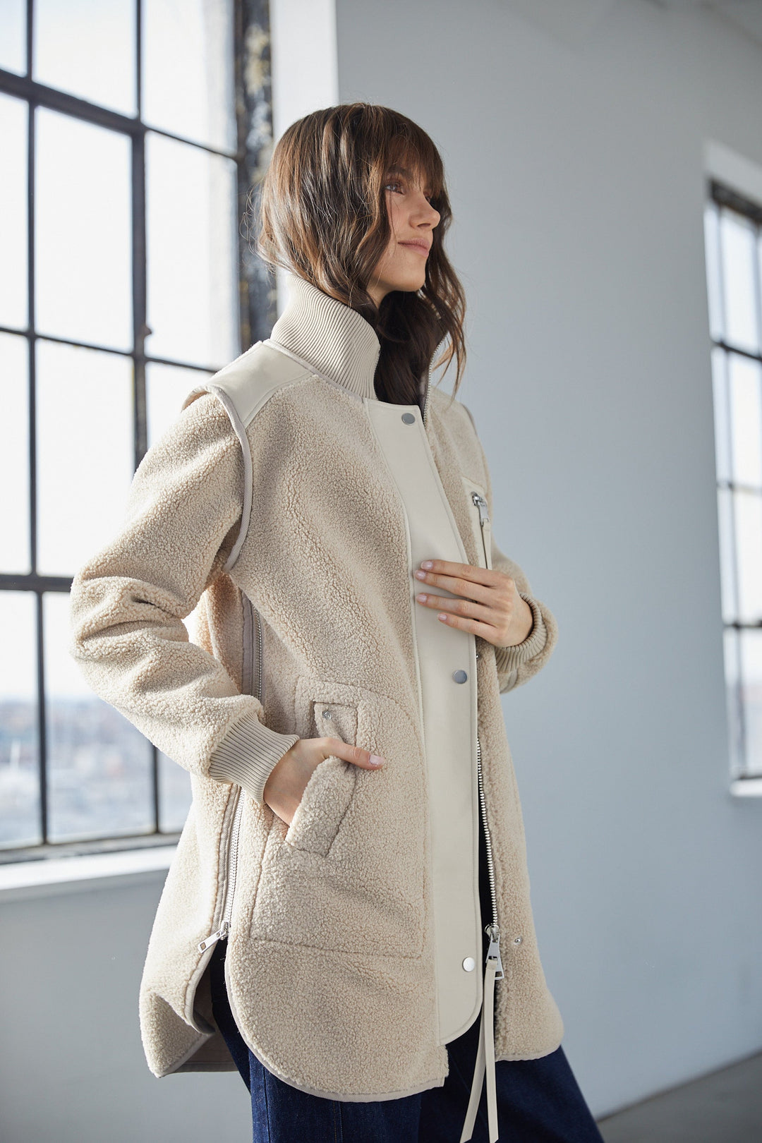 Adroit Atelier Audrey Faux Shearling Coat With Vegan Leather Trim & Side Zippers - Oak available at Barbara Katz