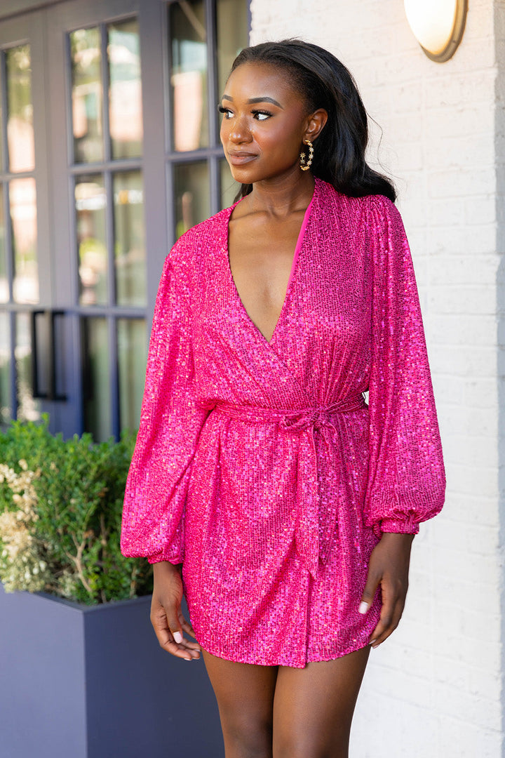 BuddyLove Adeline Sequin Wrap Dress in Guava available at Barbara Katz