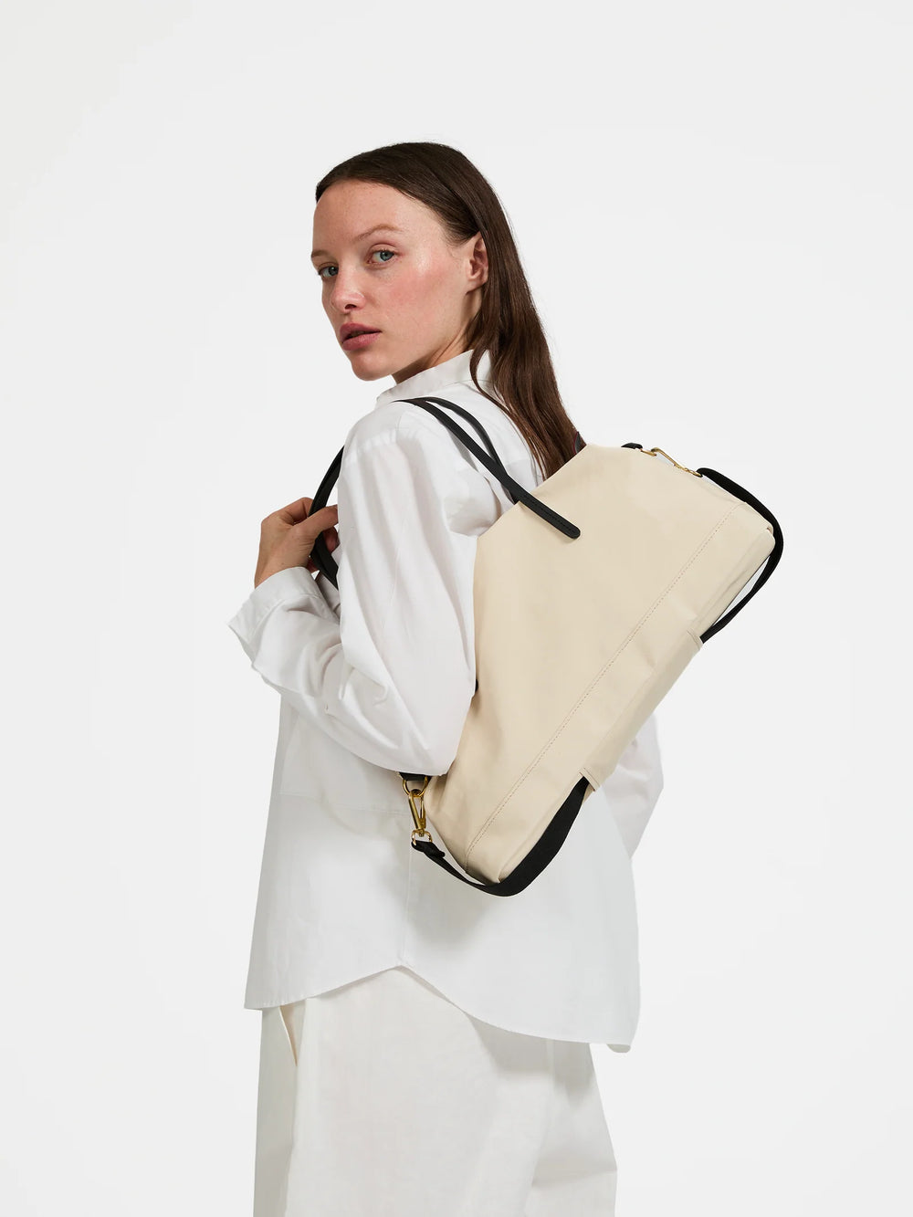 Jack Gomme Anais Baguette Bag in Crema with Black Trim available at Barbara Katz