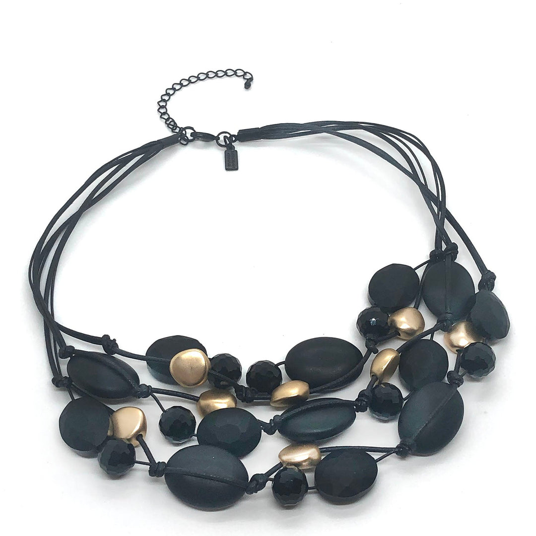 Deborah Grivas Black Matte Onyx, Black Crystal Matte Gold Bead Black Leather And Waxed Linen And Three Strand Torsade Style 16 Necklace