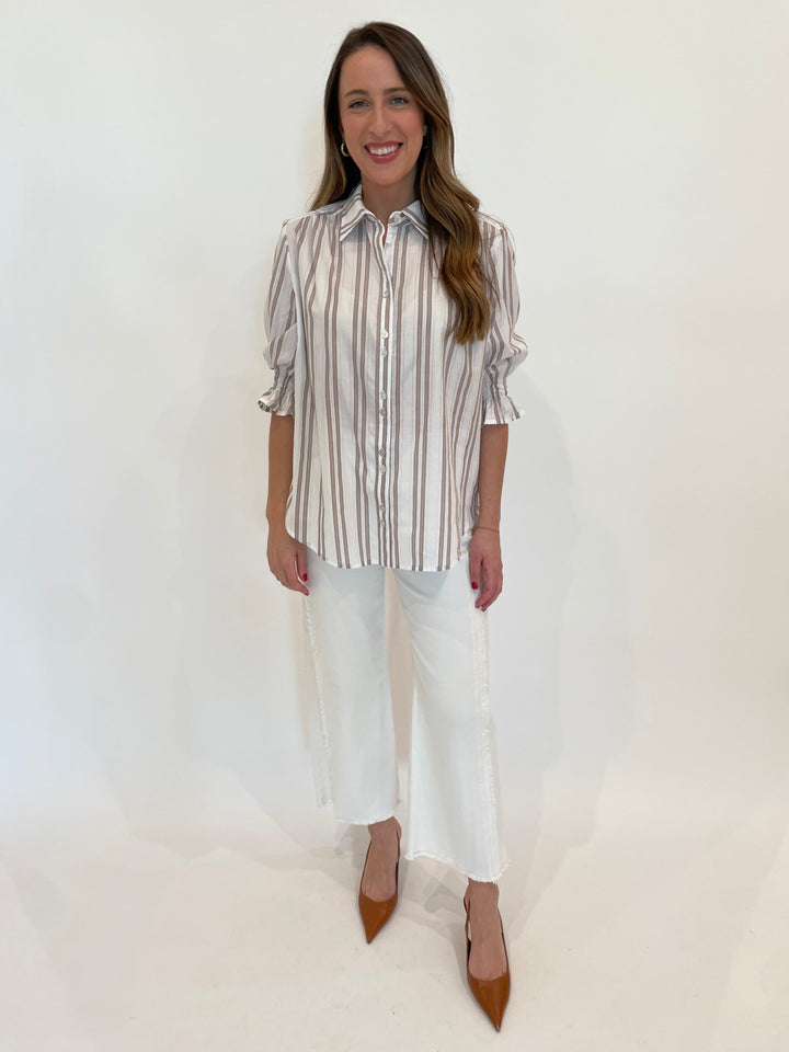 Finley Sirena Drop Needle Stripe Shirt in White/Tan paired with Lysse Noah Hi Waist Crop Wide Fringe Jeans in Ecru White vailable at Barbara Katz