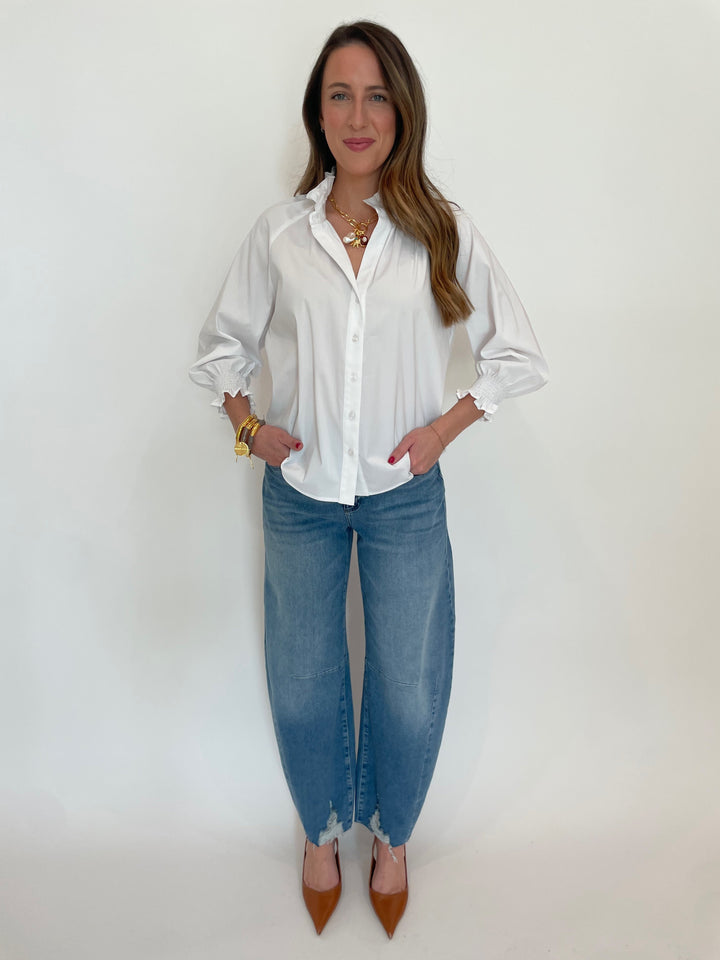 Finley Fiona Solid Silky Poplin Shirt in White paired with MAC Dakota Barrel Leg Jeans in Medium Denim available at Barbara Katz