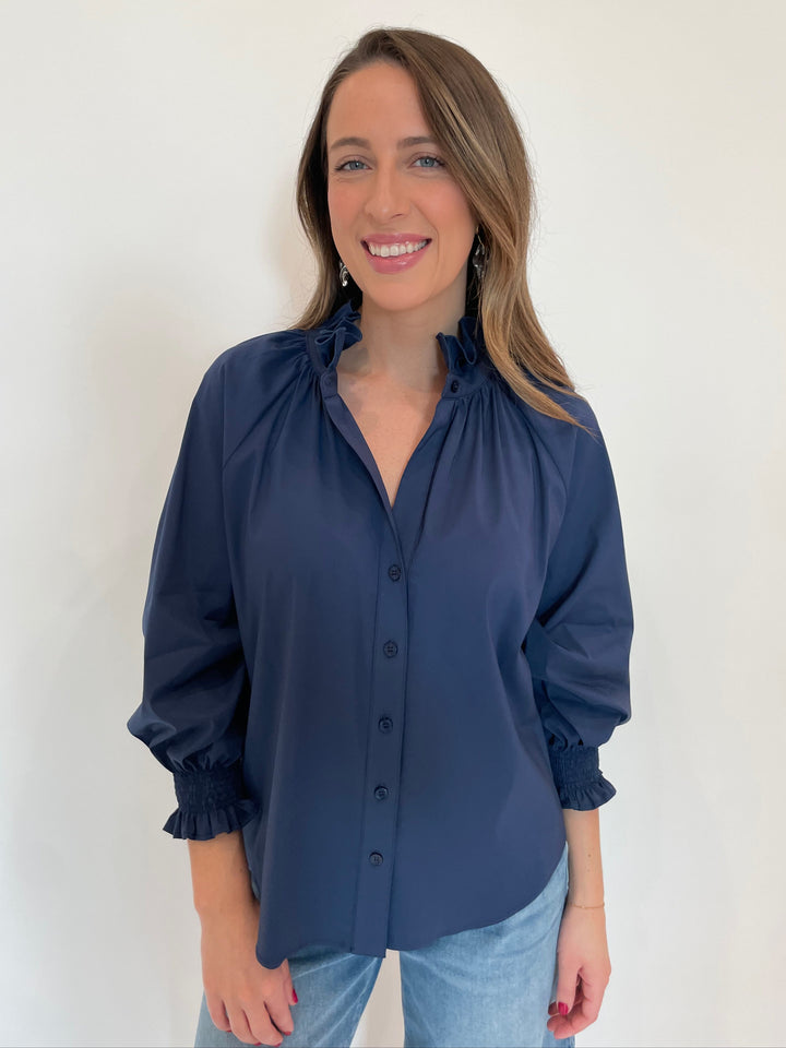 Finley Fiona Solid Silky Poplin Shirt in Navy available at Barbara Katz